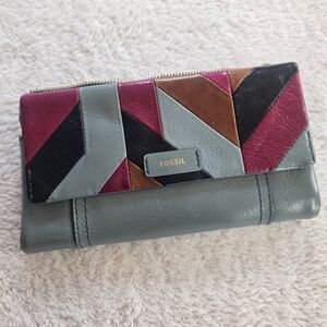 Fossil Ellis Multi Patchwork Leather Clutch Wallet Steel Blue Geometric